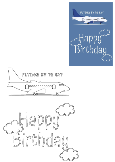 Airplane on blue background with the words "Flying by to say" with Happy Birthday written with cloud accents. A birthday greeting.