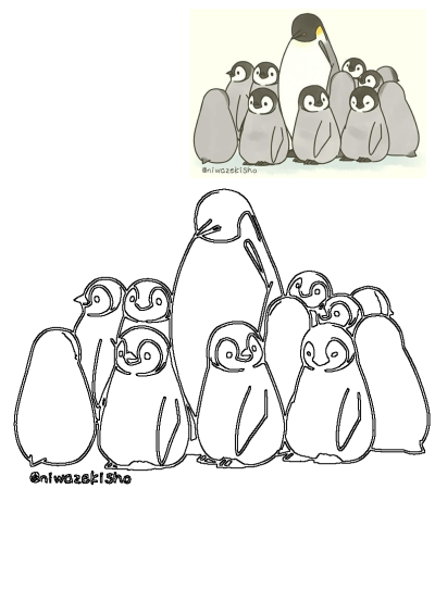 A charming cartoon illustration of a group of penguins standing next to each other. Features one adult penguin surrounded by many baby penguins.