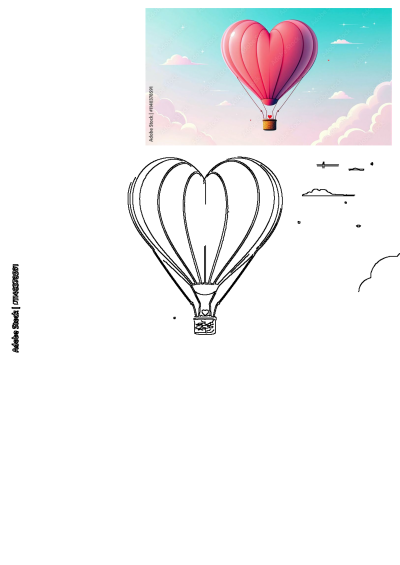 A heart-shaped hot air balloon floats through a bright blue sky with scattered clouds. This whimsical image captures love and adventure.