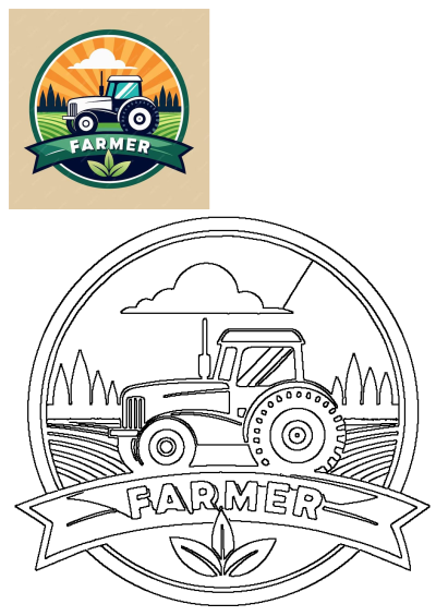 Farm logo featuring a tractor on the field with a sunburst in the background. Vintage-style agricultural emblem design.