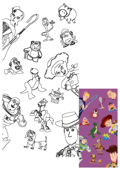 Cartoon image of many Toy Story characters including Woody, Buzz, Bo Peep, and others on a purple background. A fun and vibrant illustration.