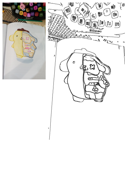 Anatomical drawing of Pompompurin, the Sanrio character. The left side shows a cute, yellow dog while the right side reveals its insides.