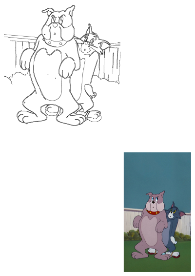 Animated Tom and Spike standing next to each other in front of a fenced area. Cartoon scene featuring the famous cat and dog duo.