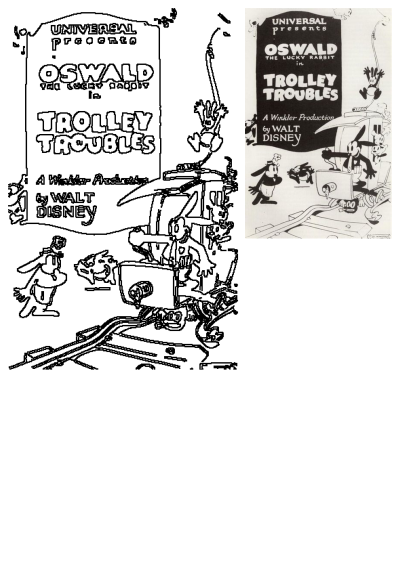 Oswald the Lucky Rabbit in 'Trolley Troubles', a vintage Walt Disney cartoon. Early animated work featuring the iconic character. 