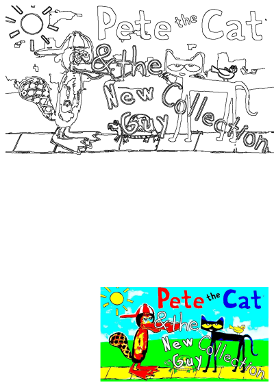 Drawing of Pete the Cat & the New Guy book cover on a sidewalk, featuring two cats and a dog, with the text 'Pete the Cat' above them.