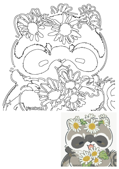 Senor Duck's cute raccoon art: a smiling raccoon with a daisy flower crown, holding more daisies. An adorable animal drawing for art journals.