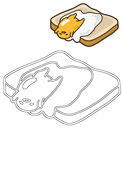 Cartoon of Gudetama egg and cheese sandwich on white background, labeled as breakfast. Cute cartoon breakfast meal.