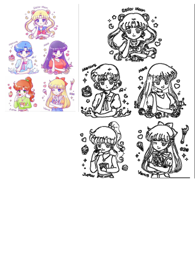 Cute anime fanart of Sailor Moon and the Sailor Scouts: Mercury, Mars, Jupiter, and Venus. Each scout is unique and adorable.