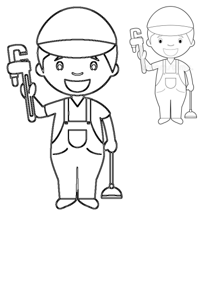 Cartoon illustration of a plumber outline in overalls and cap, holding a wrench and plunger. Line art for coloring or design projects.