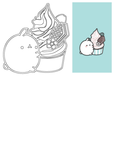 Cute illustration of a Molang bunny hugging a cupcake with a waffle. A kawaii food illustration as requested. Hello Kitty is not in the image.