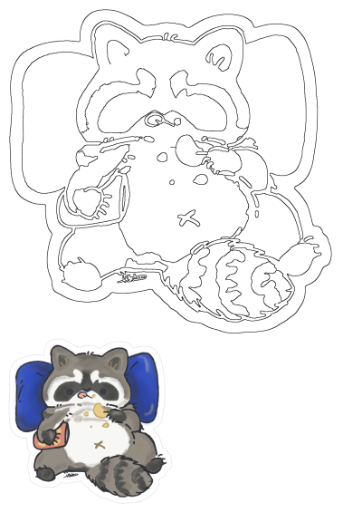 A cartoon raccoon enjoying chips, depicted eating with its mouth. Features a cute design with a blue pillow backdrop and striped tail.