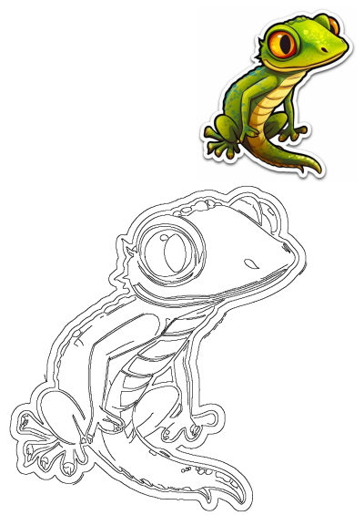 Green lizard sticker on a white background. A cartoon depiction of a bright green lizard with vibrant orange eyes, perfect for stickers or graphics.