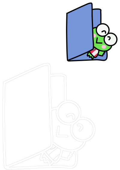 Cartoon character hiding behind a blue door, as described in the alt text. Features a cute green cartoon frog with big eyes.
