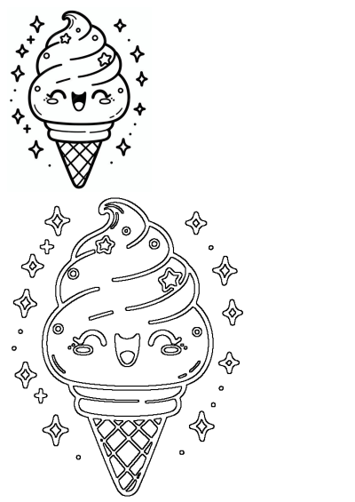 Black and white kawaii illustration of a cute ice cream cone with a smiling face surrounded by stars and dots.