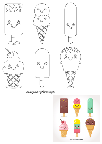 Six adorable ice creams with different faces, including a smiling one and one with eyes, cartoon style illustration for kids and desserts.