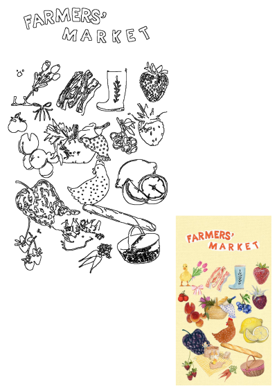 Watercolor illustration showcasing farmers market produce. Features fruits, veggies, flowers, picnic items, and farm animals. 