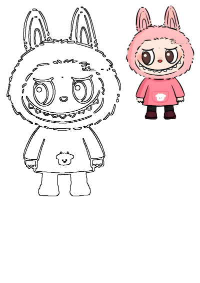 Cartoon bunny with big eyes wearing a pink shirt. Adorable illustrated character with a fuzzy pink bunny hood and a pink shirt with a sheep design.