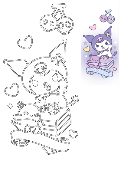 Cartoon of Kuromi holding a strawberry on a stack of books with a teddy bear,hearts, and skulls. Kuromi is a cartoon character holding a teddy bear on top of a pile of books