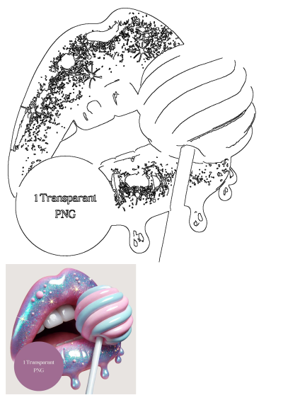 Glittery lips with a swirling pink and blue lollipop. A vibrant and sweet transparent PNG for your creative projects.