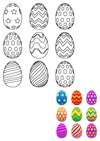 Image features six Easter eggs with different colors & patterns, including white polka dots, stars, zigzags and stripes. Bright & festive designs.
