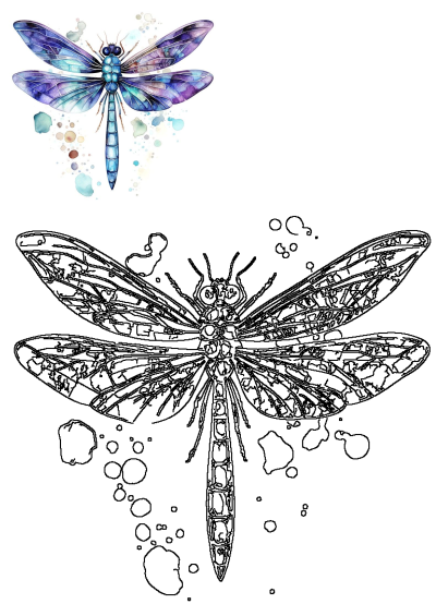 This is a watercolor painting of a blue dragonfly with purple and teal wings. It's an eye-catching insect art illustration.