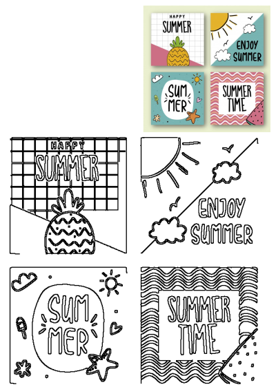 Four summer-themed cards with words 'summer' and a pineapple, sun, watermelon, starfish, and cloud illustrations. Enjoy summertime!