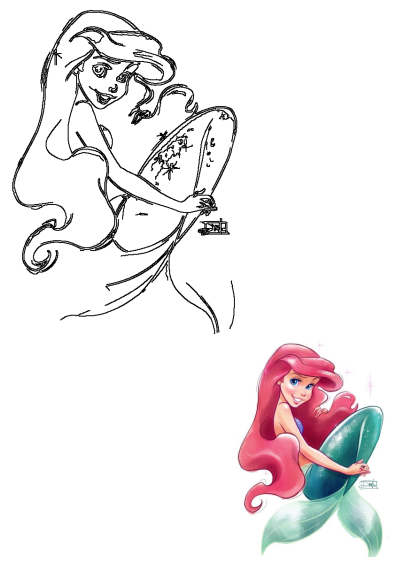 Ariel, the Little Mermaid, with her iconic pink hair, is sitting atop her lush green tail. Beautiful cartoon image showcasing the beloved Disney princess.