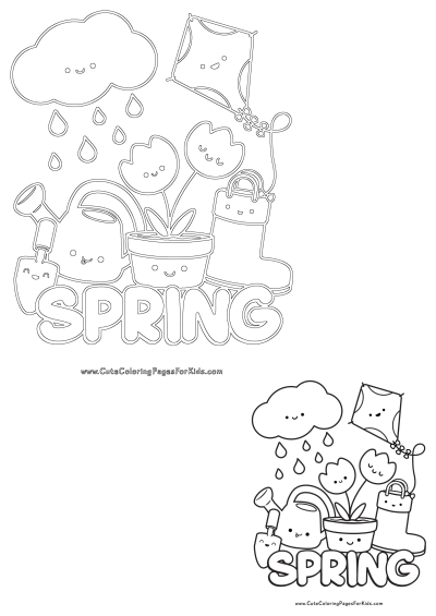 Cute spring coloring page for kids illustration featuring a rain cloud, kite, watering can, flowers, rain boots, and the word SPRING.