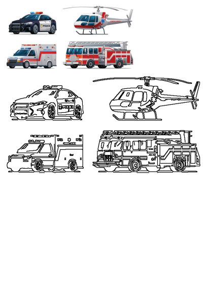 Four different types of emergency vehicles on a white background. Features a helicopter, a police car, a fire truck, and an ambulance.