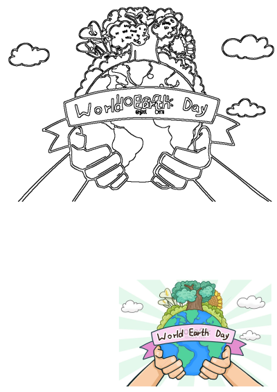 Two hands holding up a banner that says World Earth Day. Illustration of Earth with trees, flowers, and clouds celebrating the planet.