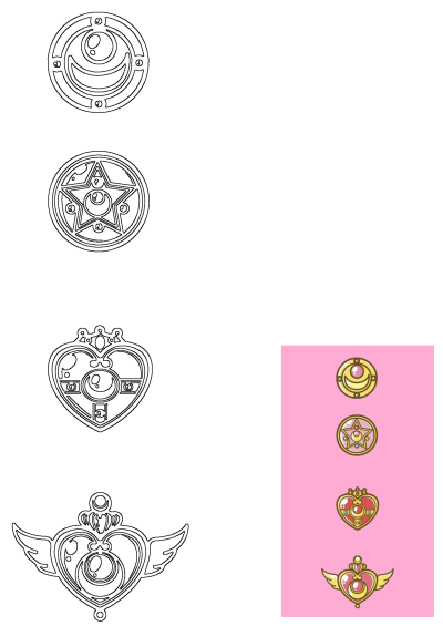 Four different Sailor Moon badges on a pink background with gold trimmings and symbols in the shape of hearts. Cartoon style.