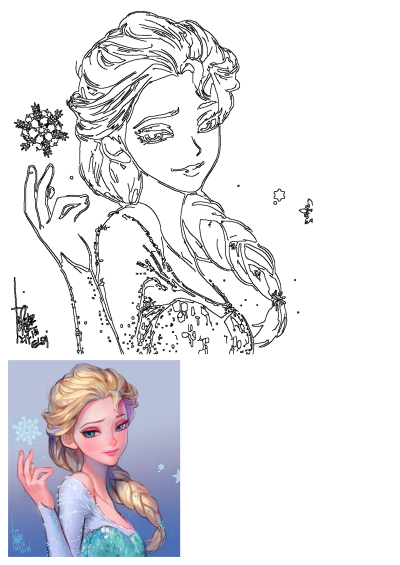Artwork of the frozen princess Elsa holding her hand up to the side with snowflakes. Digital painting of the snow queen from Frozen.