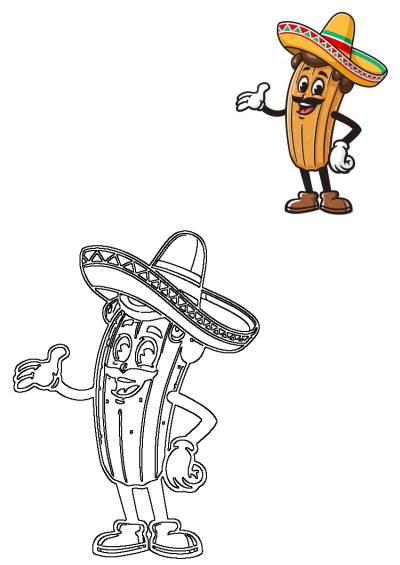 A cartoon churro with a cute face, wearing a sombrero, and presenting himself with his hand stretched out invitingly.