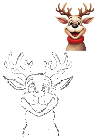 Cheerful cartoon reindeer head illustration with brown antlers and a red collar, accompanied by its detailed black and white outline.
