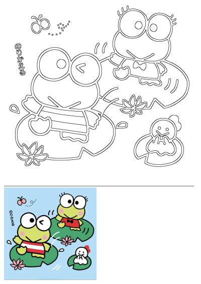 An image of two adorable Sanrio frogs, Keroppi, happily playing together on lily pads with a little white chicken, and a butterfly, on the light blue background.