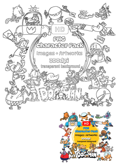 Cartoon character pack images and artwork featuring Dogman characters in a variety of poses and activities. Great for creative projects and design.