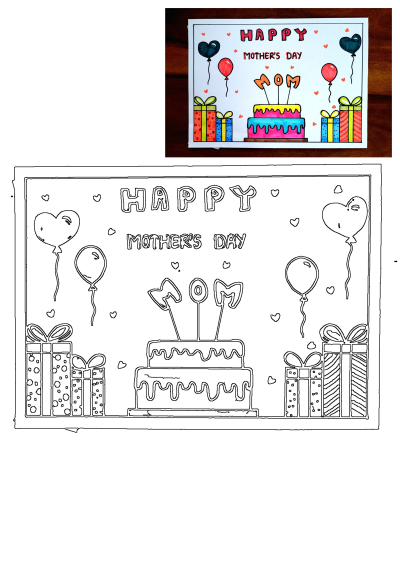 Mothers Day drawing featuring cake, gifts, and balloons. Uploaded on Amrita Drawing Book Channel. Subscribe for more creative Drawings and School Projects.