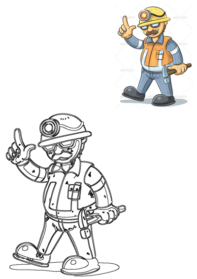 Cartoon illustration of a construction worker with a helmet and headlamp, pointing up, holding a hammer, and wearing a safety vest.