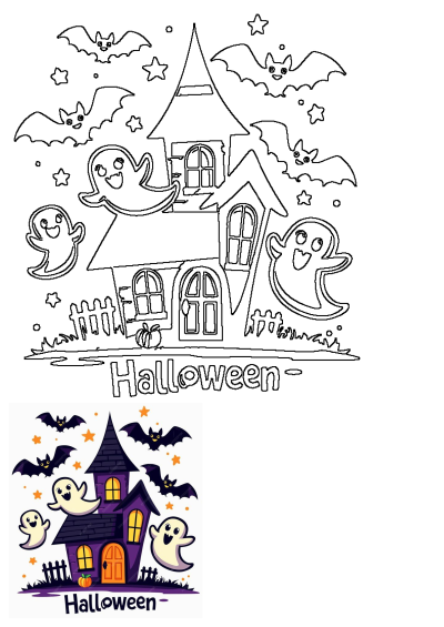 A whimsical cartoon Halloween house with friendly ghosts, pumpkins on the front, and bats fluttering around. Festive and spooky Halloween theme.