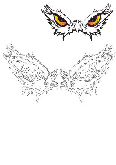 Intense gaze of an owl with striking eyes. The owl's eyes feature a blend of orange and yellow hues on the upper half, creating a captivating stare.