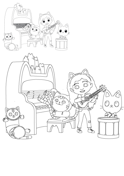 Cartoon character playing guitar with cats, one at the piano, one sitting on the piano stool and one playing the drums, coloring page