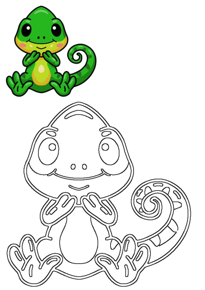 Cute cartoon of a green and yellow lizard with big eyes. Adorable cartoon lizard in a sitting position with a curly tail and big eyes.