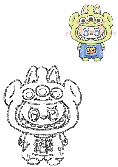 A cute illustration of a cartoon character dressed as an Alien from Toy Story, wearing a green alien hooded suit and blue overalls. 