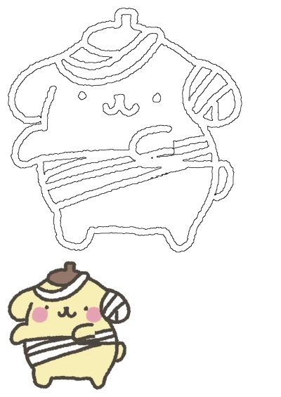 Drawing of a cute teddy bear with pink cheeks and a striped sweater on its head and body. A charming cartoon illustration. 