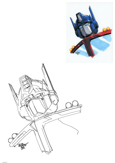 Drawing of the head of Optimus Prime resting on a stylized red branch with yellow orbs. Combines robot and nature in a unique composition.