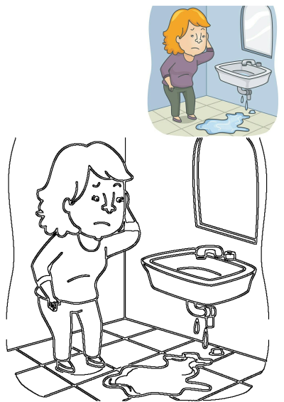 Cartoon of a woman standing in front of a leaky sink with water running down onto the floor. She looks worried about the water damage.