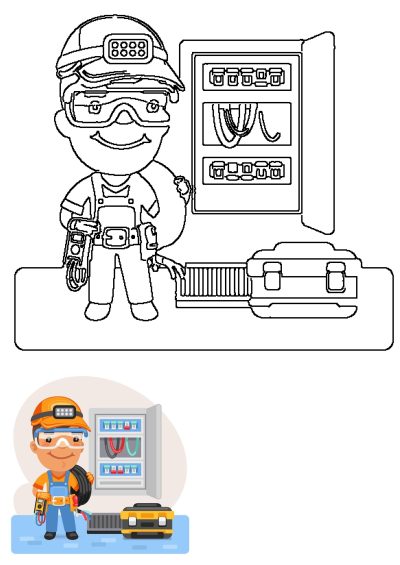 Cartoon illustration of an electrician with a safety helmet and tools standing near an open electrical panel, ready to perform maintenance.
