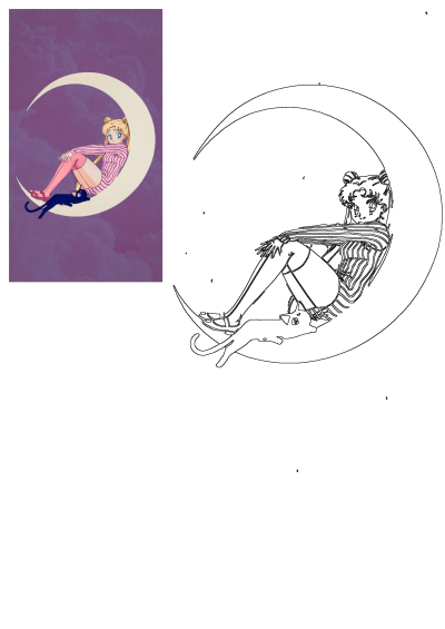 Sailor Moon, the iconic anime character, rests gracefully on a crescent moon with her cat in a vintage, dreamy setting.