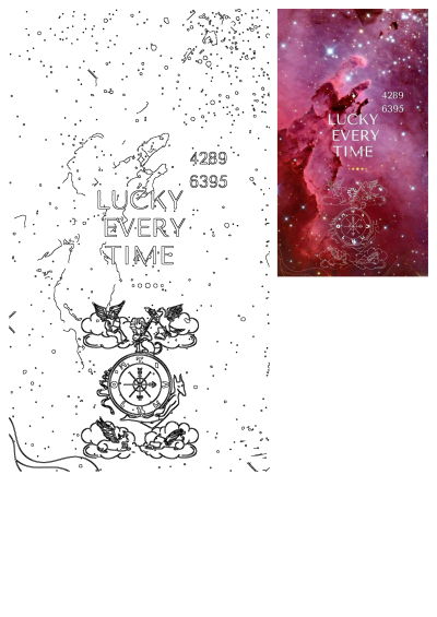 Colorful nebula-themed background with the words 'Lucky Every Time' and the numbers '4289' and '6395', plus astrological symbols.