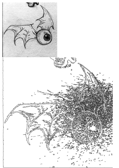 Black and white drawing of a winged eyeball next to a skull. A spooky bat and skull illustration perfect for Halloween projects.
